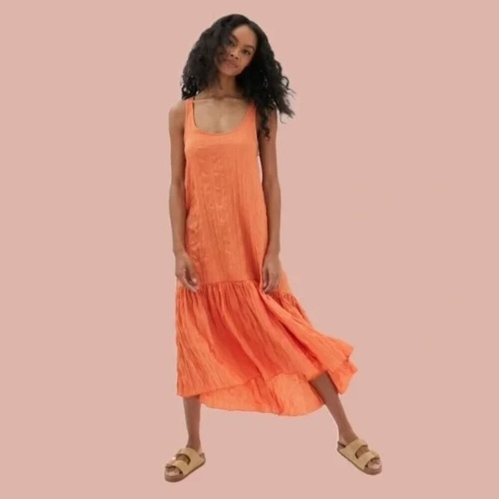 Urban Outfitters Claudia Plisse Orange Women's Boho Flowy Maxi Dress Size XS